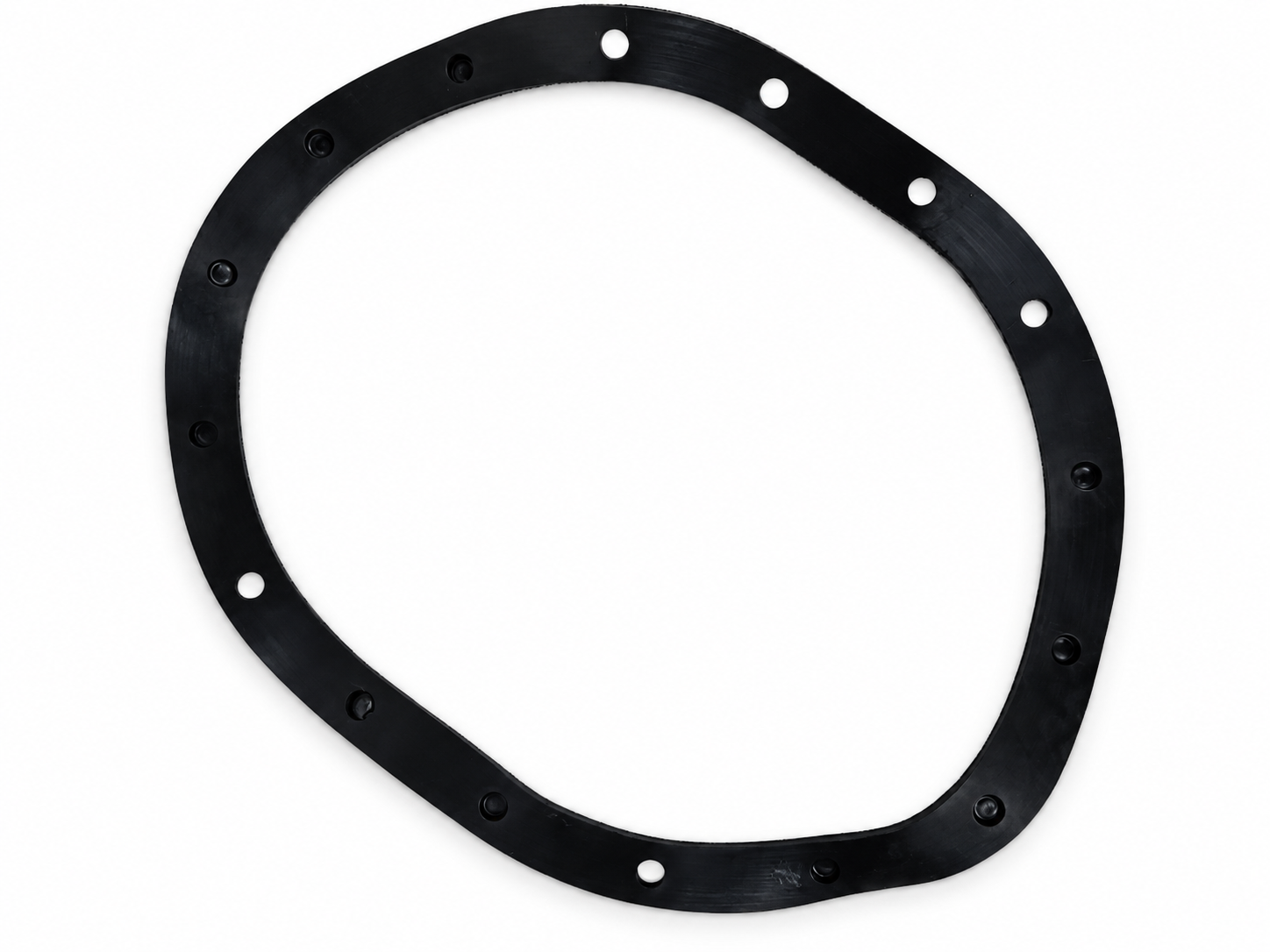 Irregularly rounded black rubber ring with holes around its perimeter