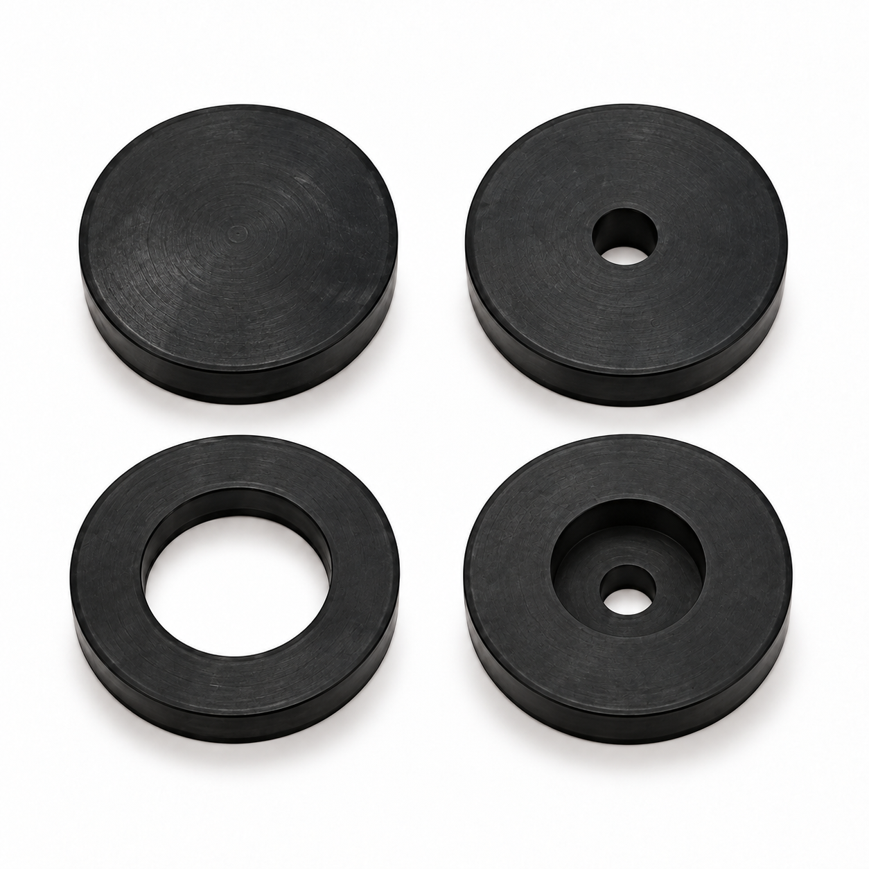 Solid, through-hole, annular and counterbored round rubber isolation pads